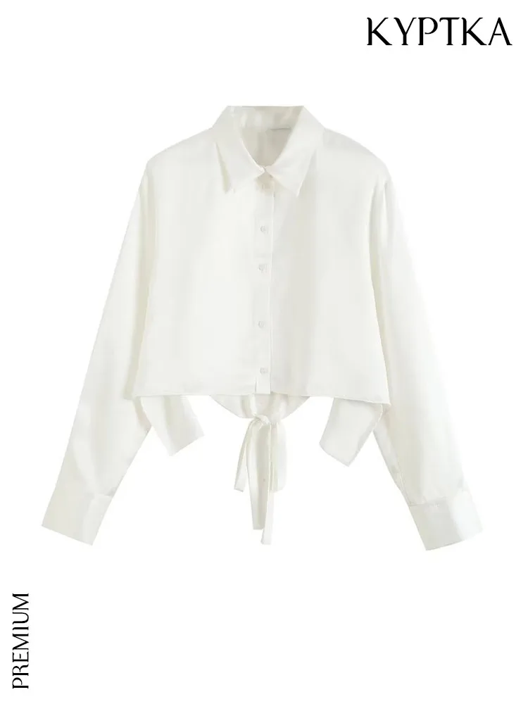 

Женская атласная блузка KYPTKA, белая винтажная блузка с длинным рукавом и завязками сзади, на пуговицах спереди, 2019