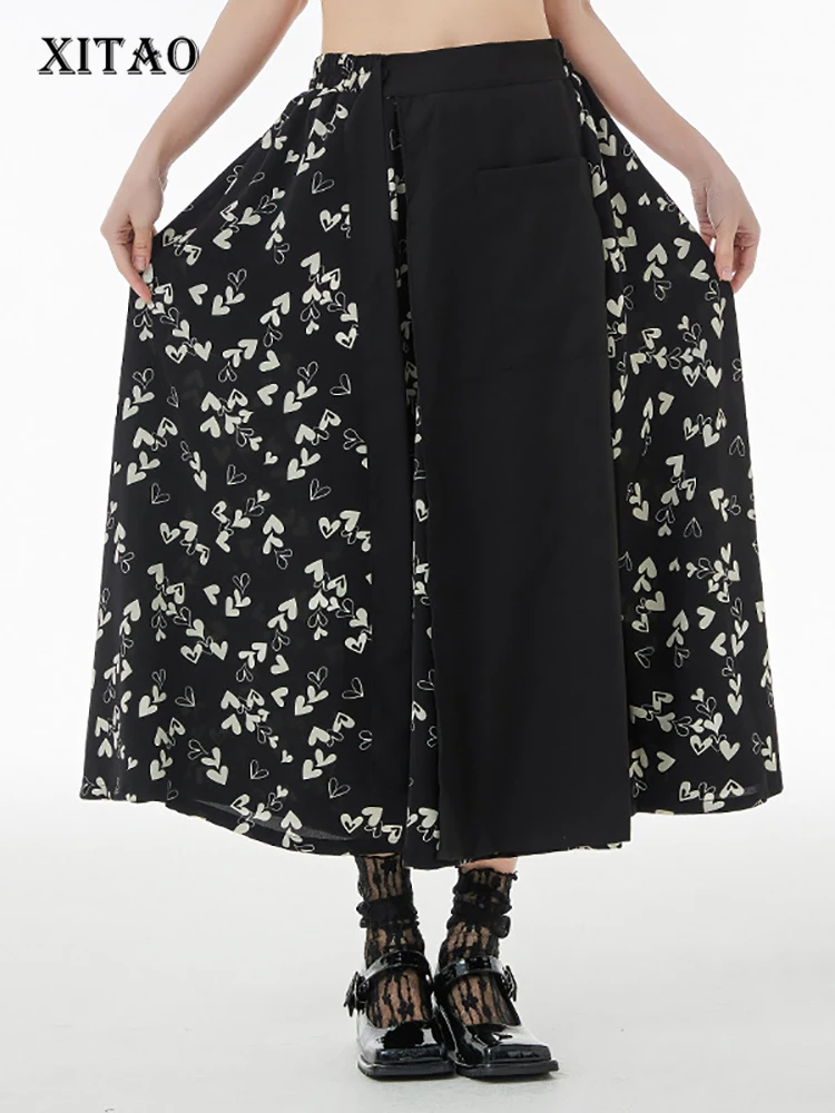 

XITAO Fashion Casual Print Skirt Loose Pleated Irregular Splicing Print All-match A-line Skirt Summer Simplicity Women WMD7163
