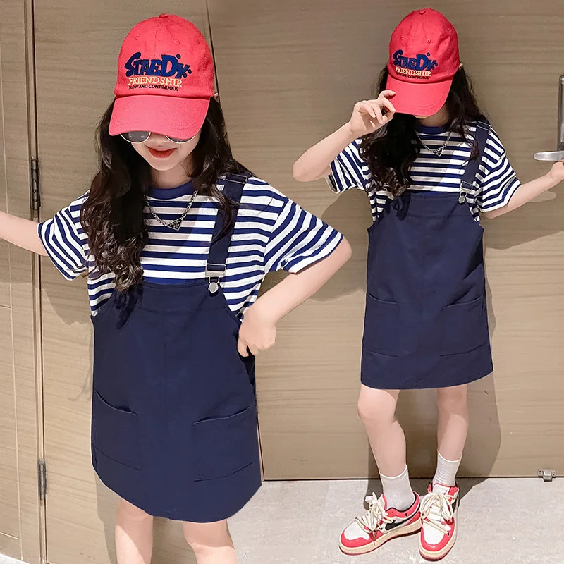 

Summer Children Clothing Sets for Girls Short Sleeve T-shirt + Suspender Dress Suit Striped Kids Clothes Tracksuit 6 8 9 12 Year