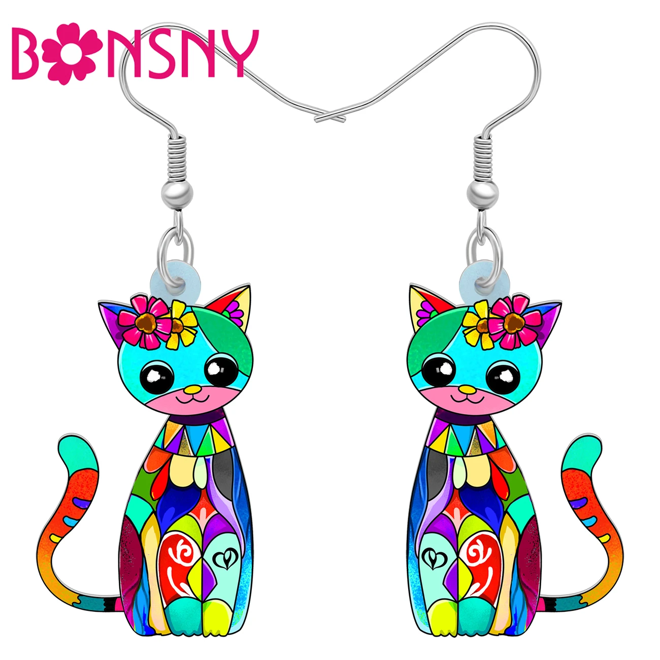 

Bonsny Acrylic colorful Flower Pet Cat Earrings Animals Cute Decorations Dangle Drop Charms Jewelry For Women Girls Friends Gift