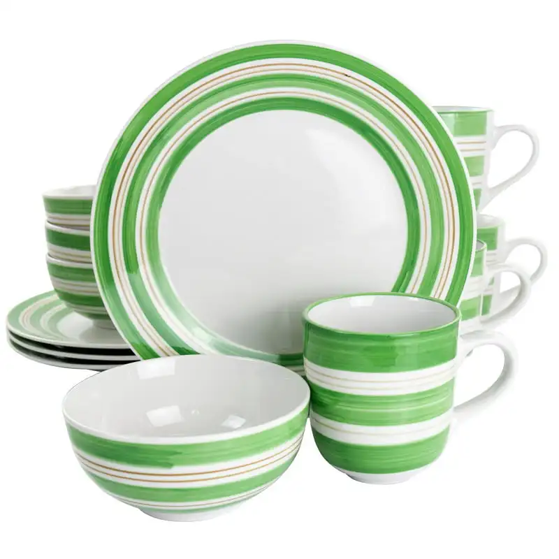 

Круглая мелкая керамическая посуда с полосками заката, набор из 12 предметов зеленого цвета, столовый сервис