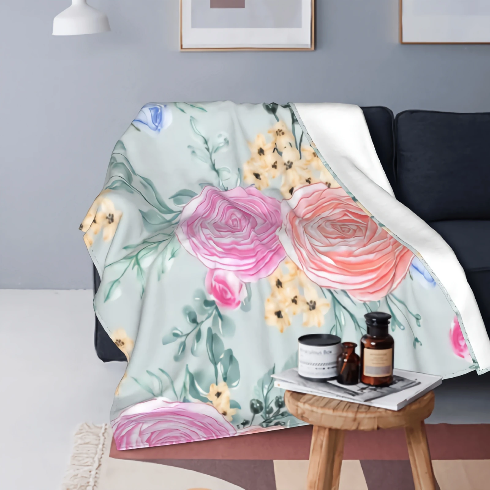 

Beautiful Rose Pink Flower Leaves Flannel Throw Blanket Colorful Rose Floral Bouquet Super Soft Fleece Plush Blanket
