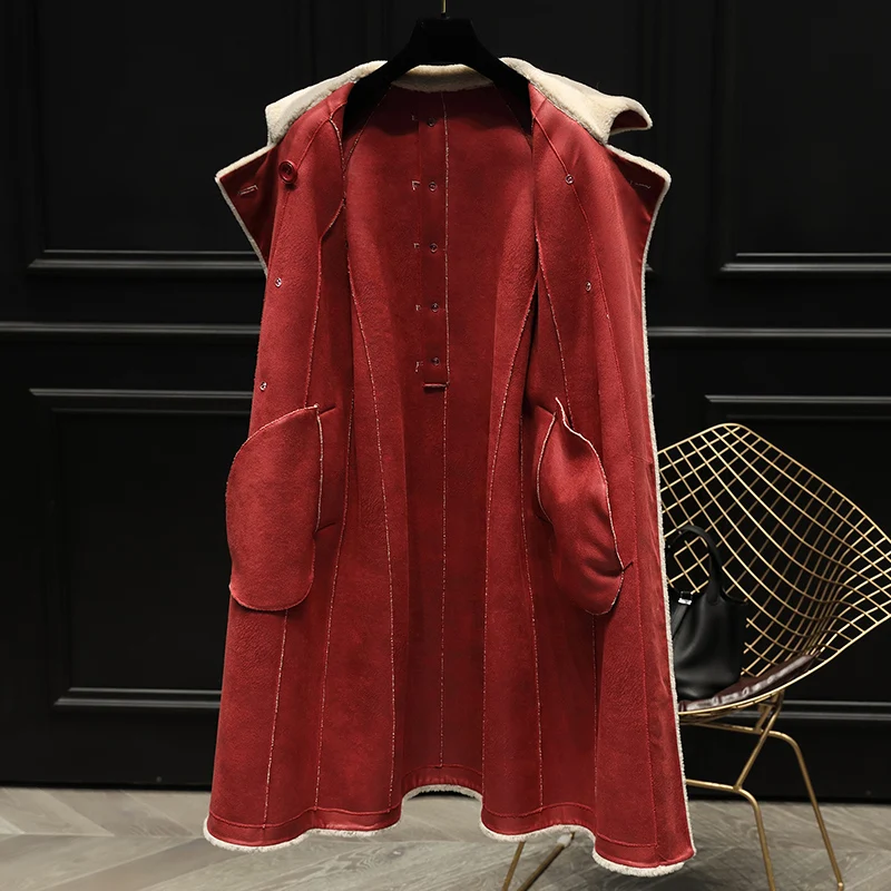 Sheep Shearling Real Fur Coat Women Jacket Winter Clothes Fashion Double Breasted Belt High Quality Wool Parka Korean Female Top