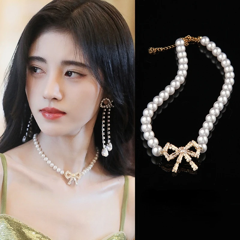 Корейские элегантные жемчужные бусы ожерелье для женщин модное Стразы с бантом