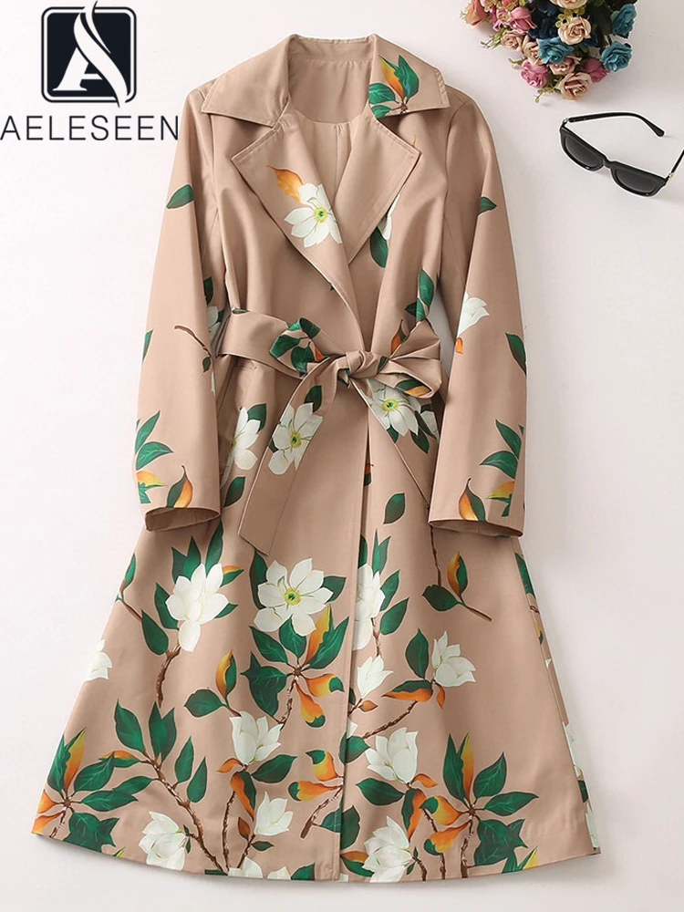 

AELESEEN Designer Fashion Women Trench 2022 Autumn Winter White Flower Print Belt Loose Elegant Long Party Vacation Coat