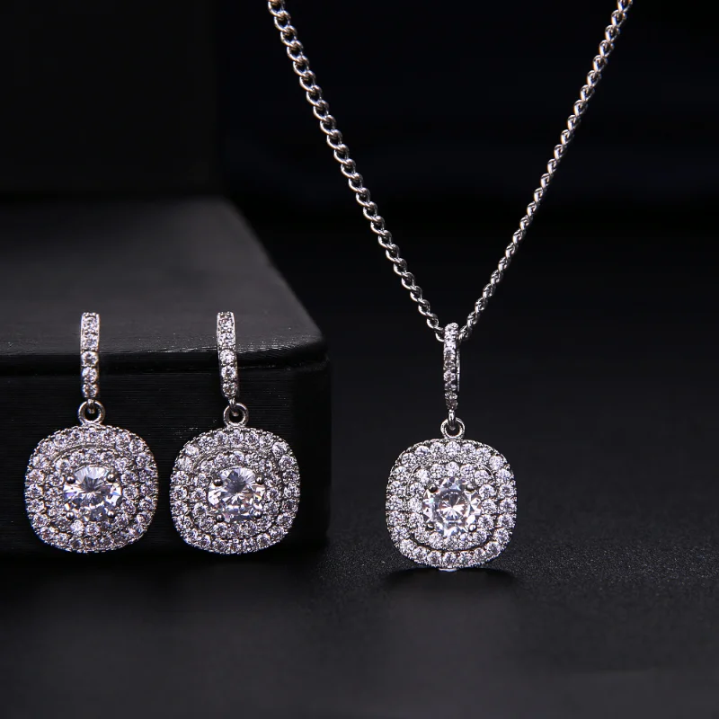 

Triple Zirconia Luxury Necklace Earring Set White Sparkling Crystal Women Wedding Jewelry Set Accessories Free Shipping