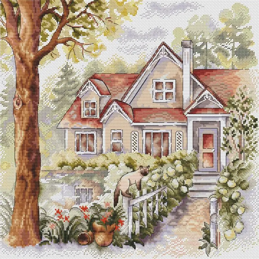 

Canvas Cross Stitch Kit, DIY Embroidery Set, DMC Threads, Craft, Cat in the Shed Yard, 14CT, 18CT, 25CT, 43-43
