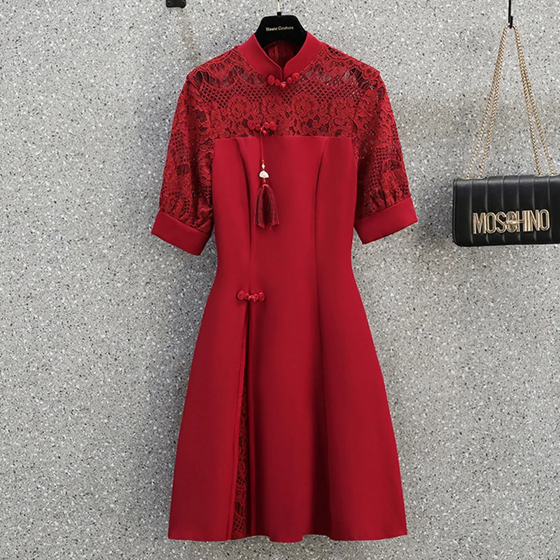 

4XL size women elegant vintage lace cheongsam dress 2022 Summer Chinese style Patchwork bow A line slim dresses vestido