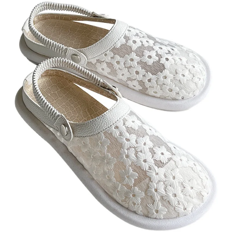 FAFA 2023 Summer New Japanese Two Wear Package Head Sandals Lace Breathable Soft Bottom Casual Hundred Hollow Flat Shoes Female