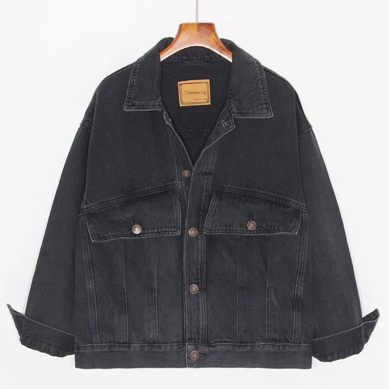 

Spring Autumn New Korean Black Denim Jackets Women Loose Short Cowboy Outerwear Big Pocket Long Sleeve Jeans Jacket Coat Female