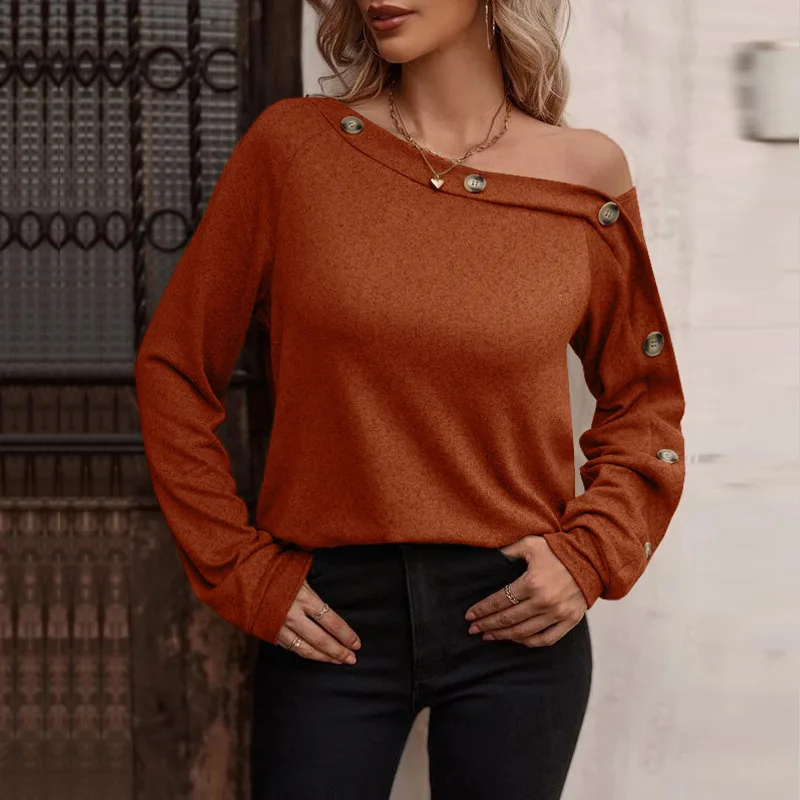 

2022 Autumn Winter New Women's Fashion Button Off-the-shoulder Long-sleeved Tops For Women Casual Solid Color Pullover Tshirts
