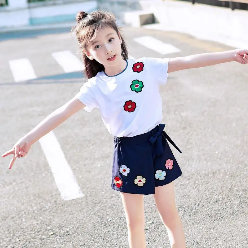 

Little Girls Summer Sets Dress Skirt Pants Top T-shirt + Short-sleeved Shorts Suit New Big Children's Two-piece Kids Clothes 12