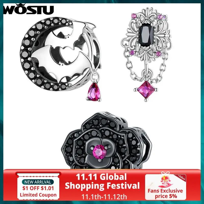 

WOSTU 925 Sterling Silver Fleur-de-lis Hanging Bead Black Bat Charm Rose Red Zircons Dangle Fit Original Bracelet DIY Jewelry