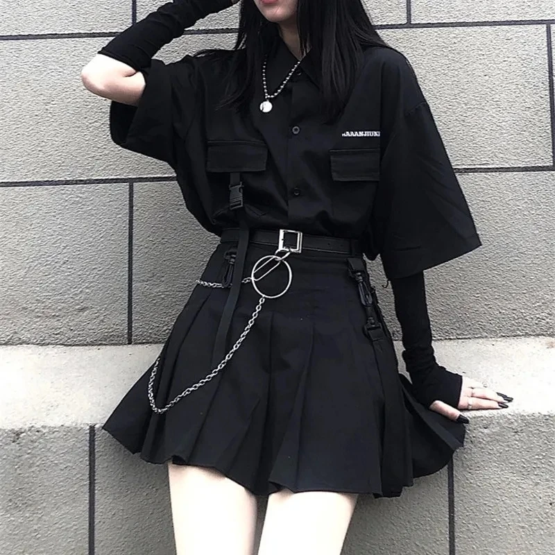 

Single Set Summer Korean Fashion Versatile Dark Loose Bf Shirt Top Women Fashion Two Piece Set Skirt Jupe Dropshipping Shirt