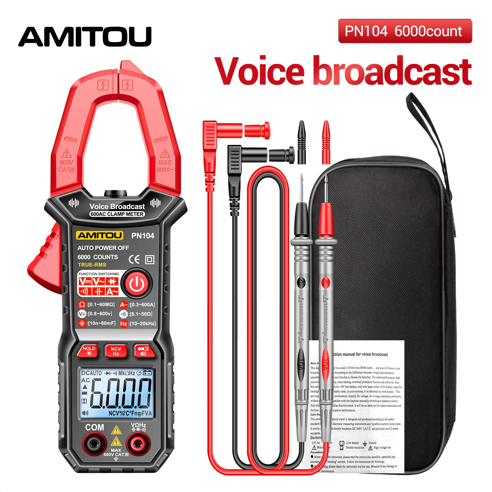 

AMITOU PN104 6000 Counts Digital Professional Multimeter Clamp Voice Broadcast Clamp Meter AC/DC Voltage Tester Current Meter