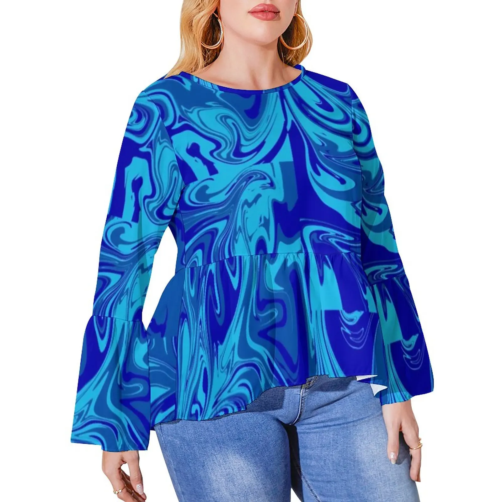 

Blue Neon Paint T-Shirt Abstract Liquid Classic Long-Sleeve T Shirts Print Elegant Tee Shirt Woman Autumn Tops Plus Size 4XL 5XL