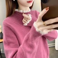 pullover women half high neck sweater loose wear outside autumn and winter 2022 with stitched lace knitted bottom shirt inside