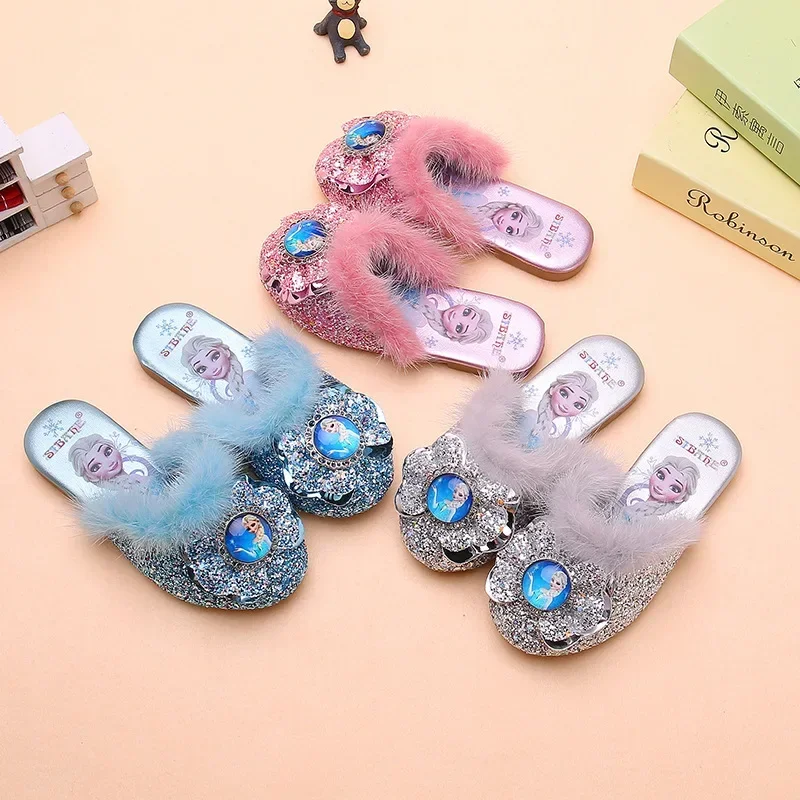 Детские меховые тапочки для девочек Disney зимние дома и улицы Эльза Мультяшные с