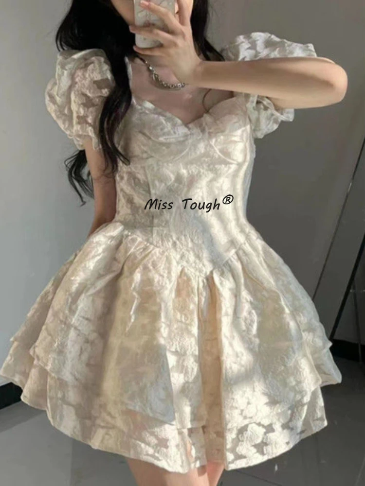 

French Fairy Sweet Mini Dress Women Korean Elegant Designer Kawaii Dress Female Puff Sleeve Chic Party Short Dress Summer 2022