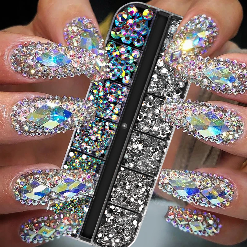 Акриловые разноцветные бусины для ногтей 12 ячеек/коробка