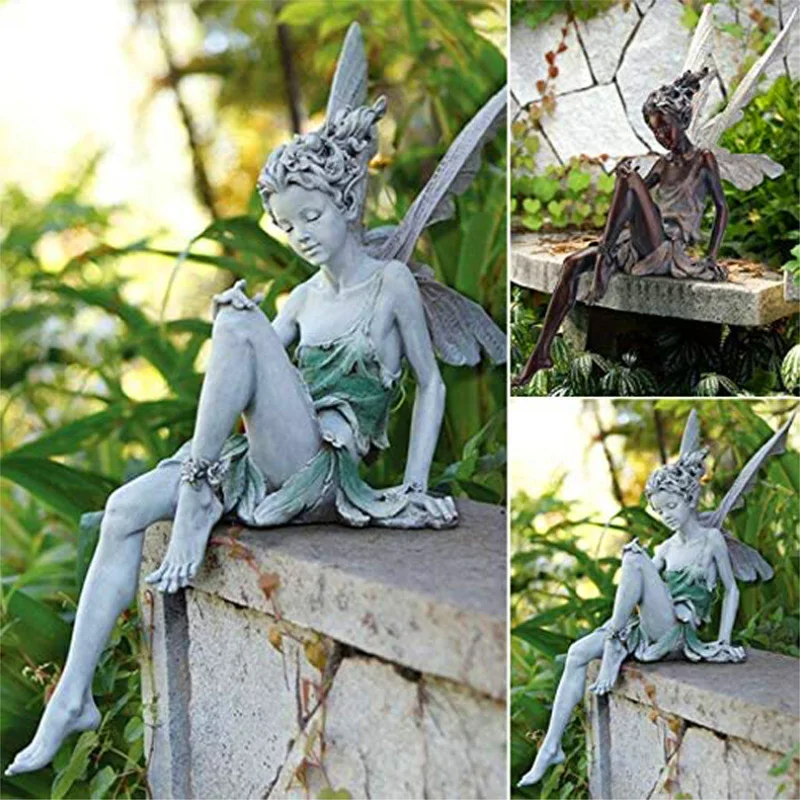 

Flower Fairy Sculpture Garden Landscaping Yard Art Ornament Resin Turek Sitting Statue Outdoor Angel Figurines Craft Decoration