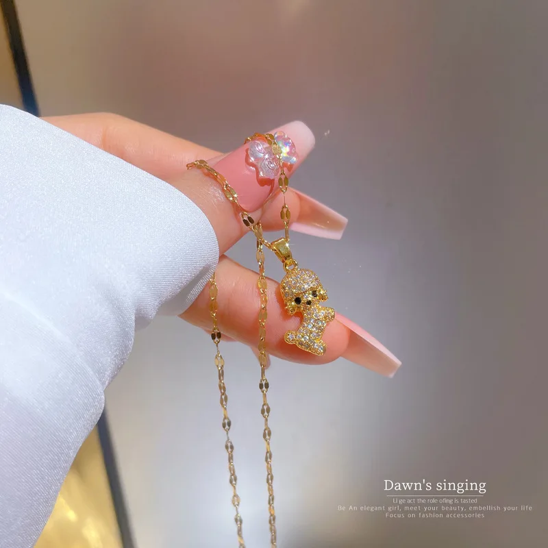 Cute Lovely Dog Animal Crystal Pendant Necklace for Women Men Couple Stainless Steel Chain Choker Fashion Jewelry Wedding Gift