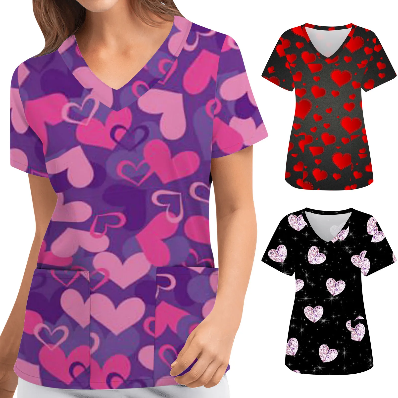 

Women Love Print Short Sleeve Workwear V Neck Pockets Tops Working Blouse Shirts Healthcare Overalls Nurse Uniforms Workwear