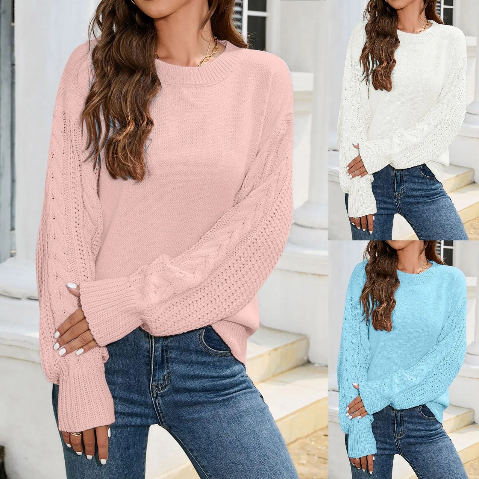 

Новинка 2022, зимний модный Свободный вязаный свитер с круглым вырезом и спущенными плечами для женщин, толстовка с капюшоном, теплые трикота...