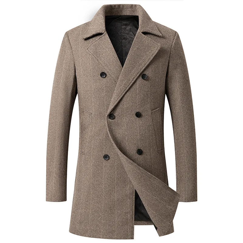 

Mens Classic Notched Collar Wool Trench Coat Men Woolen Blend Top Pea Coat Winter Long Double Breasted Stylish Business Overcoat