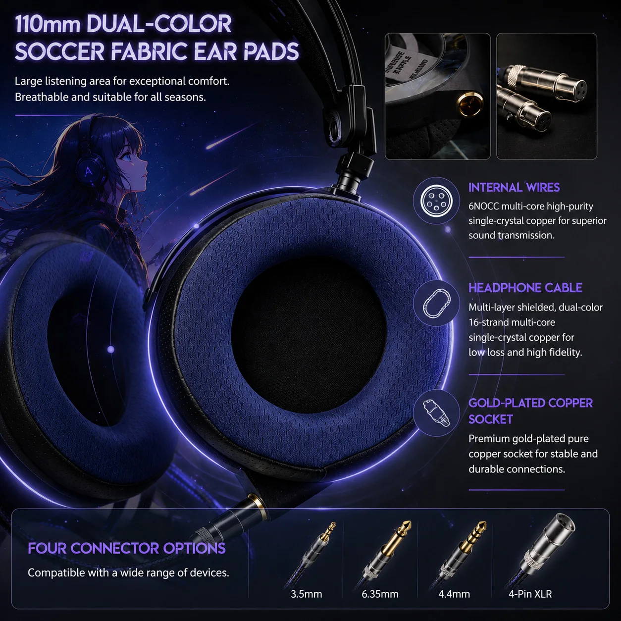 Наушники XK-AUDIO CADENCE BAFFLE с 70-мм динамиком, открытой конструкцией, диапазоном частот 5 Гц-50 кГц, сопротивлением 300 Ом, Hi-Fi, аудиофильские, полноразмерные, с разъемами 3.5, 4.4, 6.35 мм, XLR (art.: 3920dbfdb8ff5) - 3920dbfdb8ff5