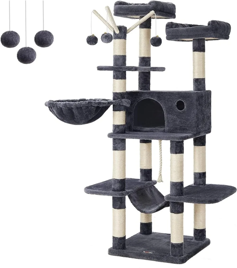 

FEANDREA Cat Tree, Large Cat Tower, 64.6 Inches, Cat Activity Center with Hammock, Basket, Removable Fur Ball Sticks, Cat Condo