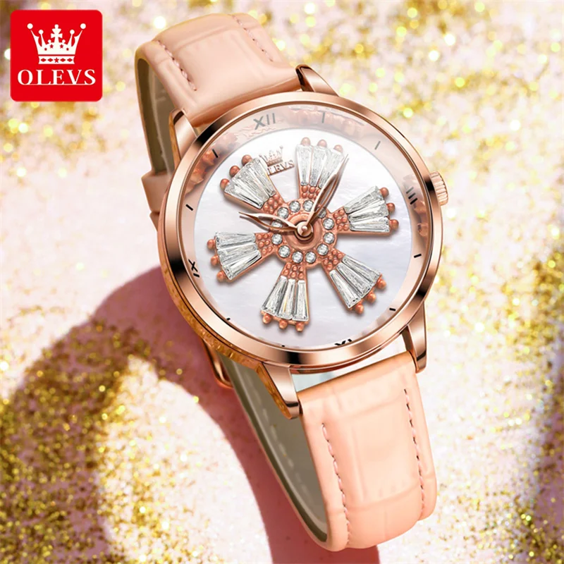 OLEVS Luxury Quartz Watch for Women Fashion New Design Rotating Dial Pink Leather Ladies Watches Waterproof Relogio Feminino enlarge