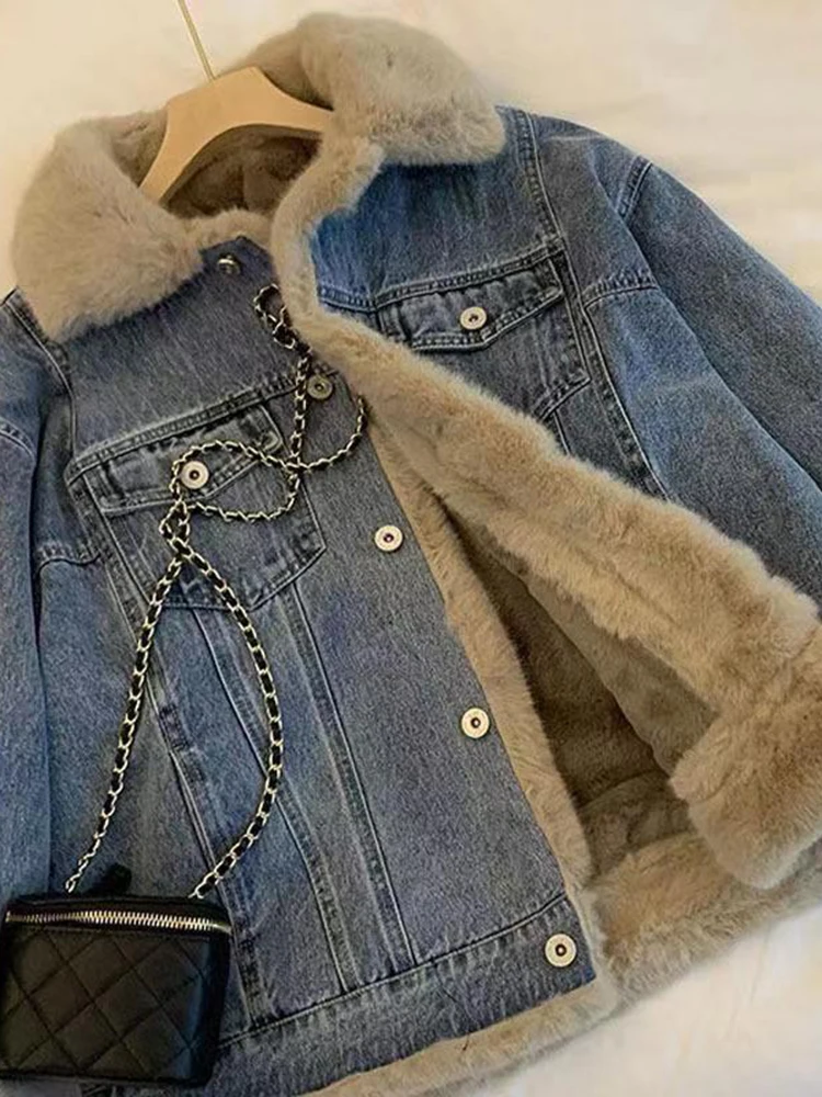 Winter Thicken Denim Jacket Women Two Sides Wearing Lamb Wool Outwear Female Loose Casual Warm Coat Lady POLO Collar Long Sleeve