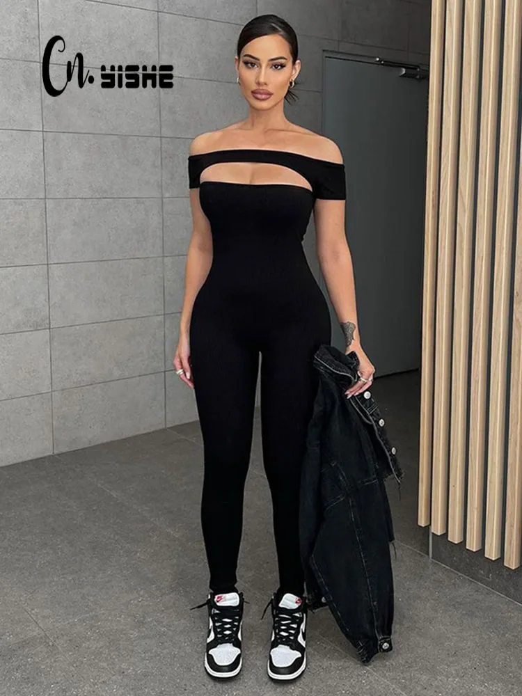 

CNYISHE Sexy Hollow Out Off Shoulder Jumpsuits Black Women Rompers 2022 Fall Fashion Slash Neck Bodycon One Piece Lady Overalls