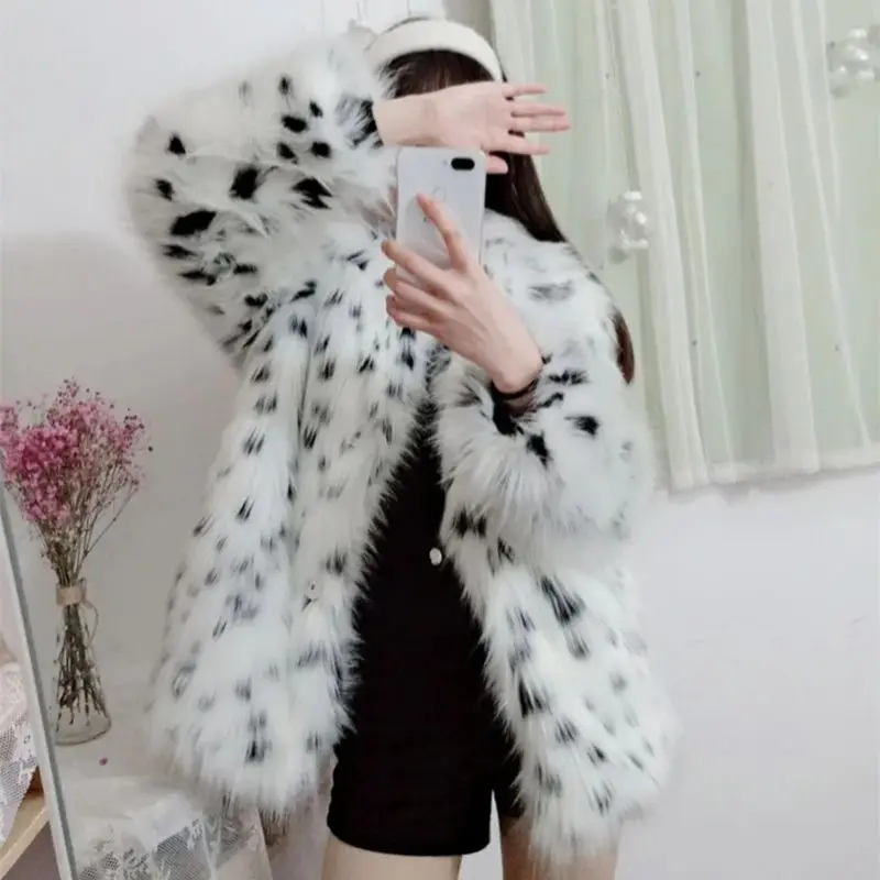 Womens Fur Coat Fake Fur Jacket Winter Jacket Leopard Fur Coat Winter Medium Length Thickening Imitation Fox Hair Coat