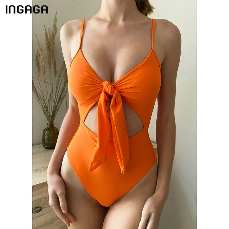 

INGAGA Solid One Piece Swimsuits Knotted Swimwear Women Sexy Monokini 2022 Strap Bathing Suits Summer Beachwear Push Up Bodysuit