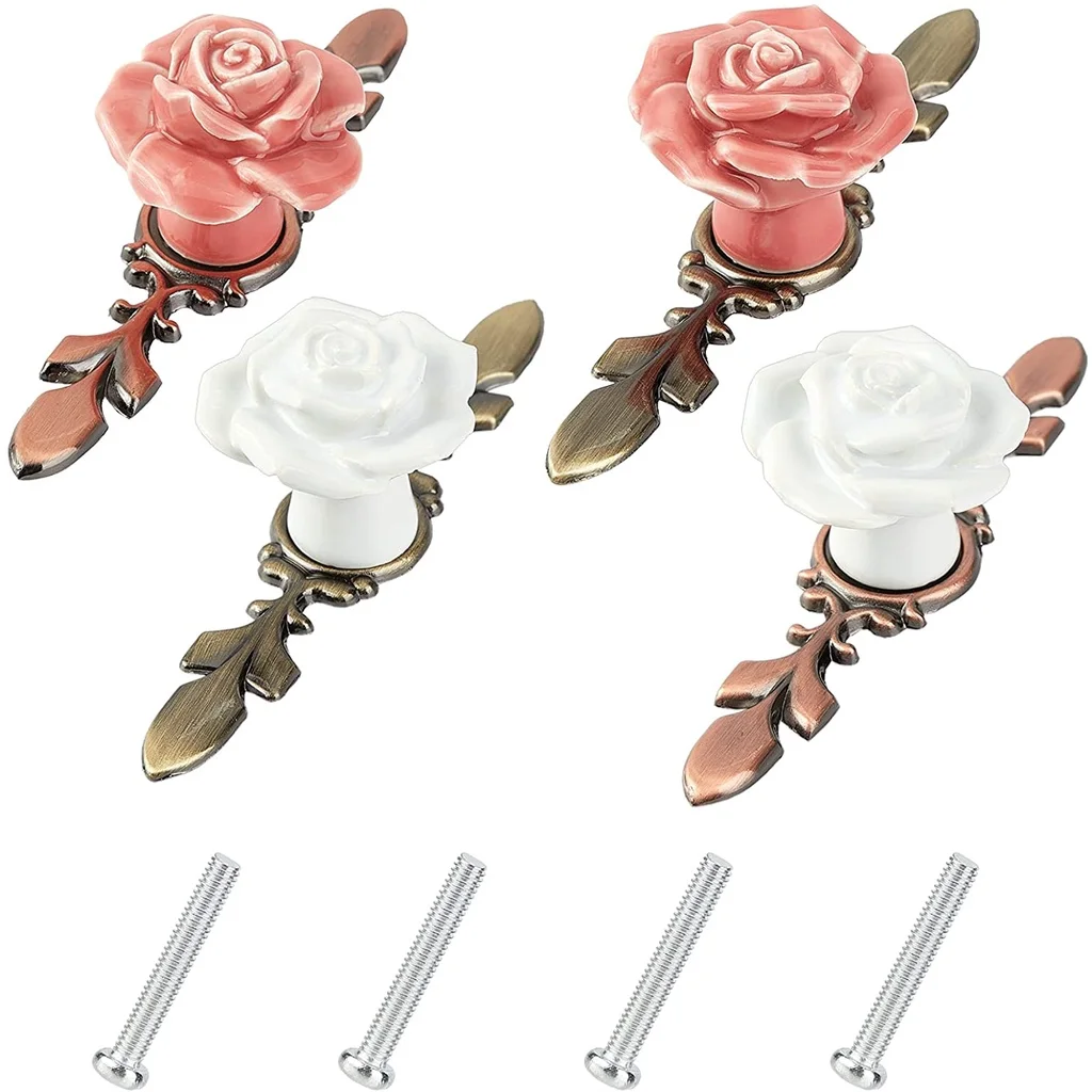 

4Sets Rose Ceramic Flower Cabinet Knobs Dresser Pulls Vintage Love Theme Retro Style with Green Bronze Backplate for Kitchen