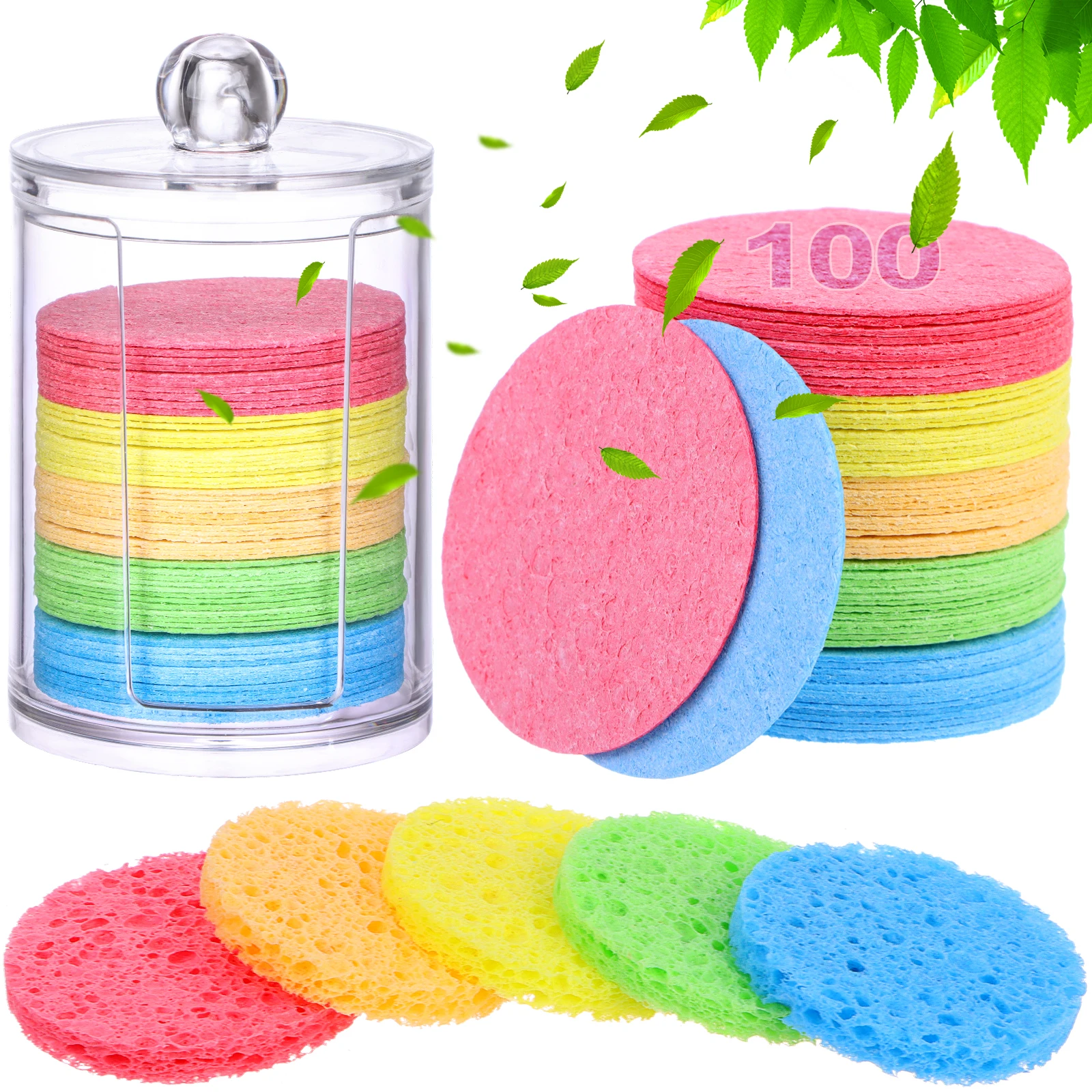 

100PCS Compressed Facial Sponges with Plastic Storage Container Sponges in Acrylic Makeup Cosmetic Organizer Jewelry Storage Box