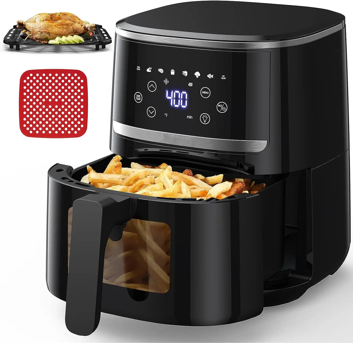 

Fryer Oven 5 Qt Large Oil Free Touch Screen 1500W Mini Oven Combo with 7 Accessories, One-Touch Digital Controls, Nonstick Silic