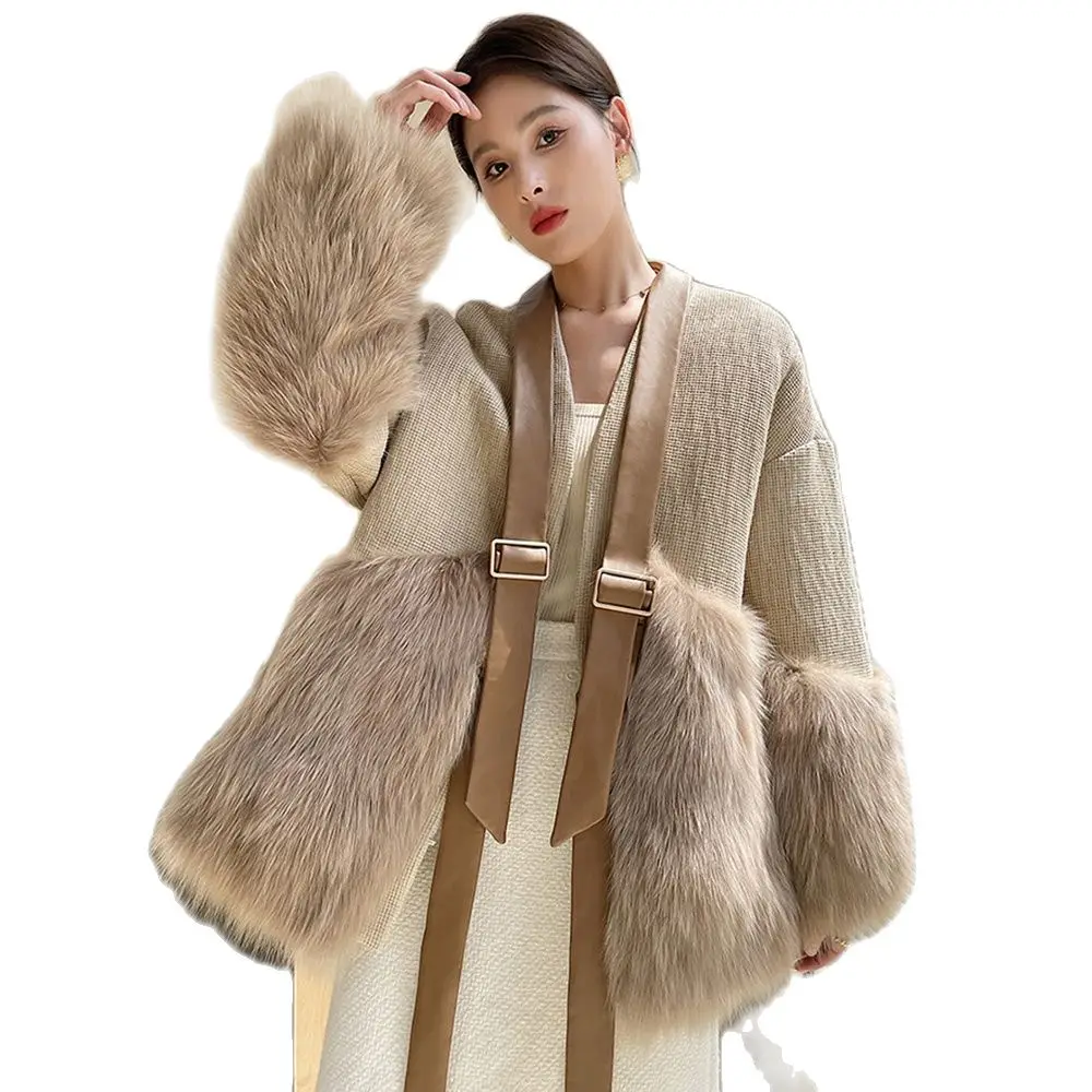 New Women Real Fur Coat Autumn Winter Vintage Elegant V-Neck Fox Fur Wool Blended Patchwork Sheepskin Fur Jacket Loose Outerwear