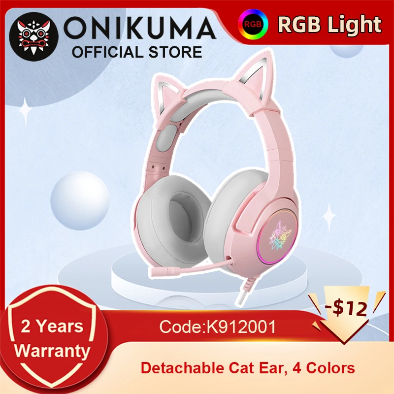ONIKUMA K9สีชมพูหูฟังทรงหูแมว RGB LED Light Mic หูฟังเกม7.1 Surround หูฟังคอมพิวเตอร์สำหรับ PC Gamer