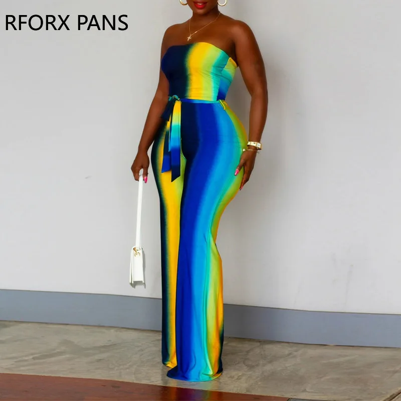 

Women Elegant Gradient Color with Belt Straight Strapless Off Shoulder Jumpsuit Sexy Jumpsuit