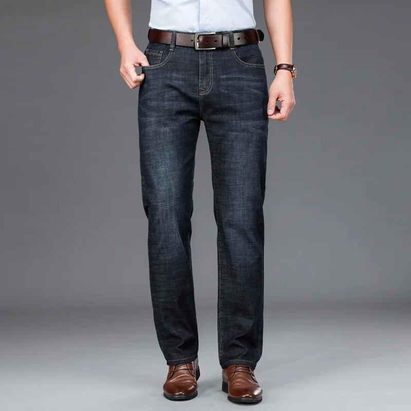 

Новинка 2023, весенние мужские джинсы с высокой талией, деловые повседневные Прямые Стрейчевые свободные джинсовые брюки с защитой от морщин, без глажки