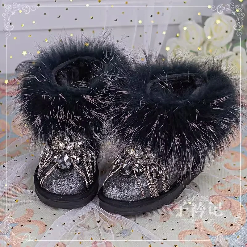

Chain fox hair hand custom cashmere warm boots all-in-one fur boots winter women 35-43