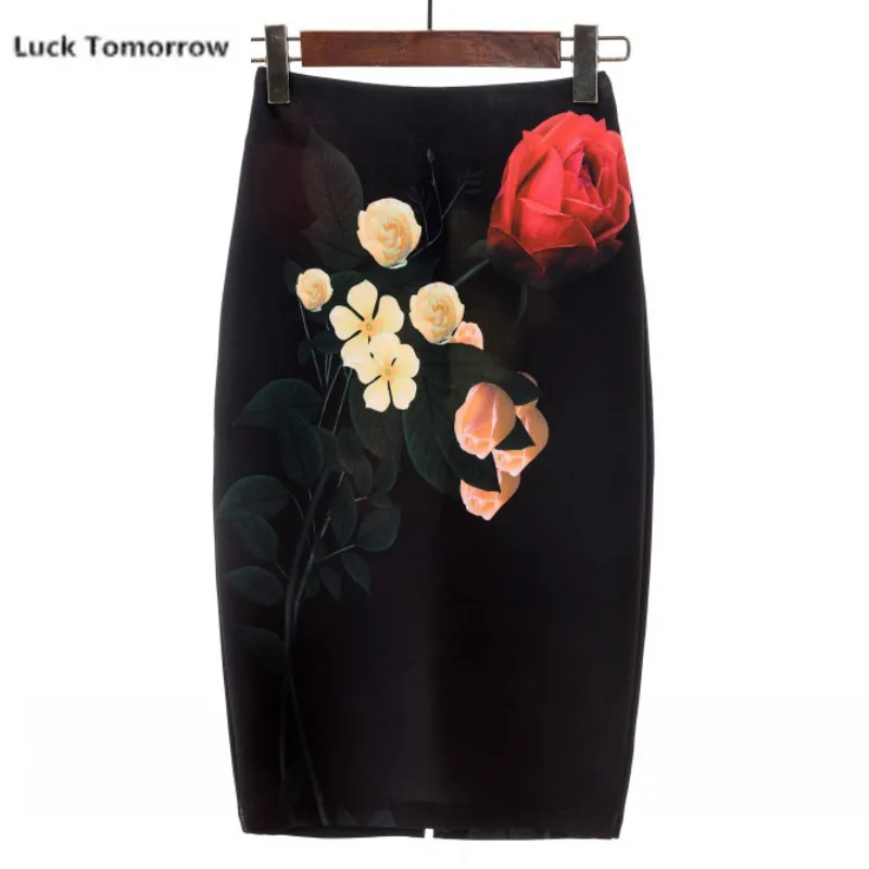 Женская юбка-карандаш средней длины с цветочным принтом