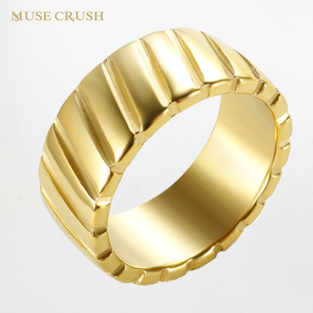 

Muse Crush Stainless Steel Gold Color Ring Trendy Simple Bevel Pattern Rings for Women Men Fashion Jewelry Waterproof Party Gift