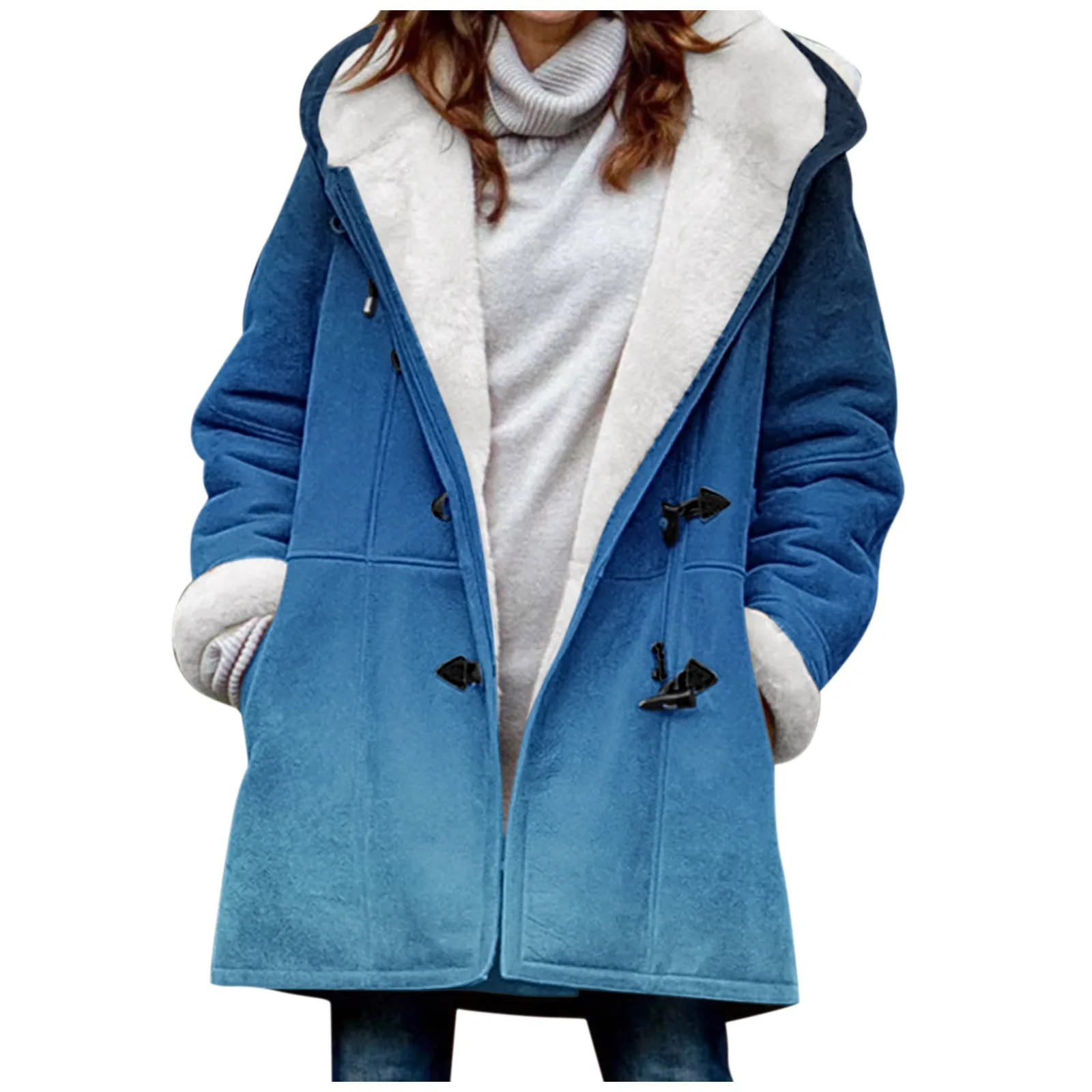 

Ladies Thickened Overcoat Warm Gradient Color Winter Horn Buckle Fleece Lined Hoodie Plush Cotton Padded Female Coat Warm