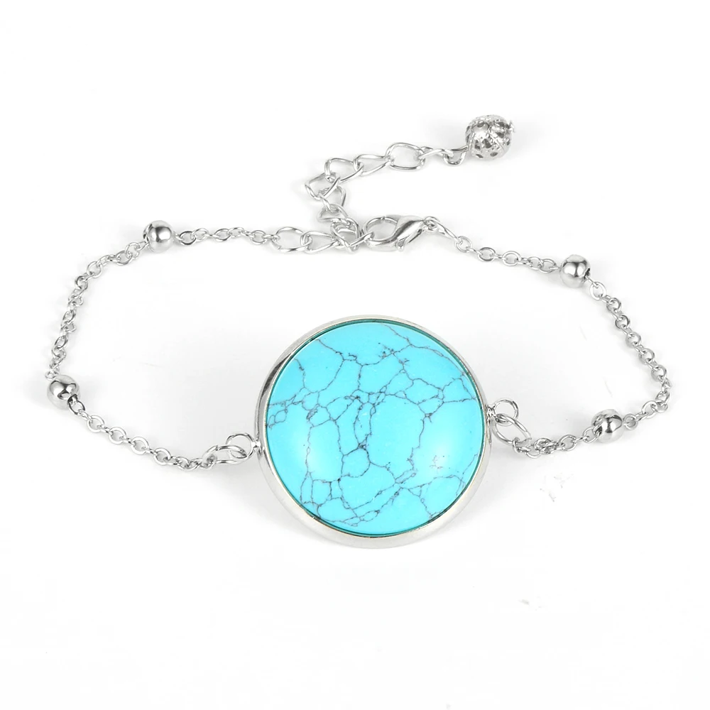 

2022 New Fashion Women Natural Stone Charm Bracelet 25mm Round Moonstone Crystal Turquoises O Chain Bracelets BOHO Jewelry Gifts