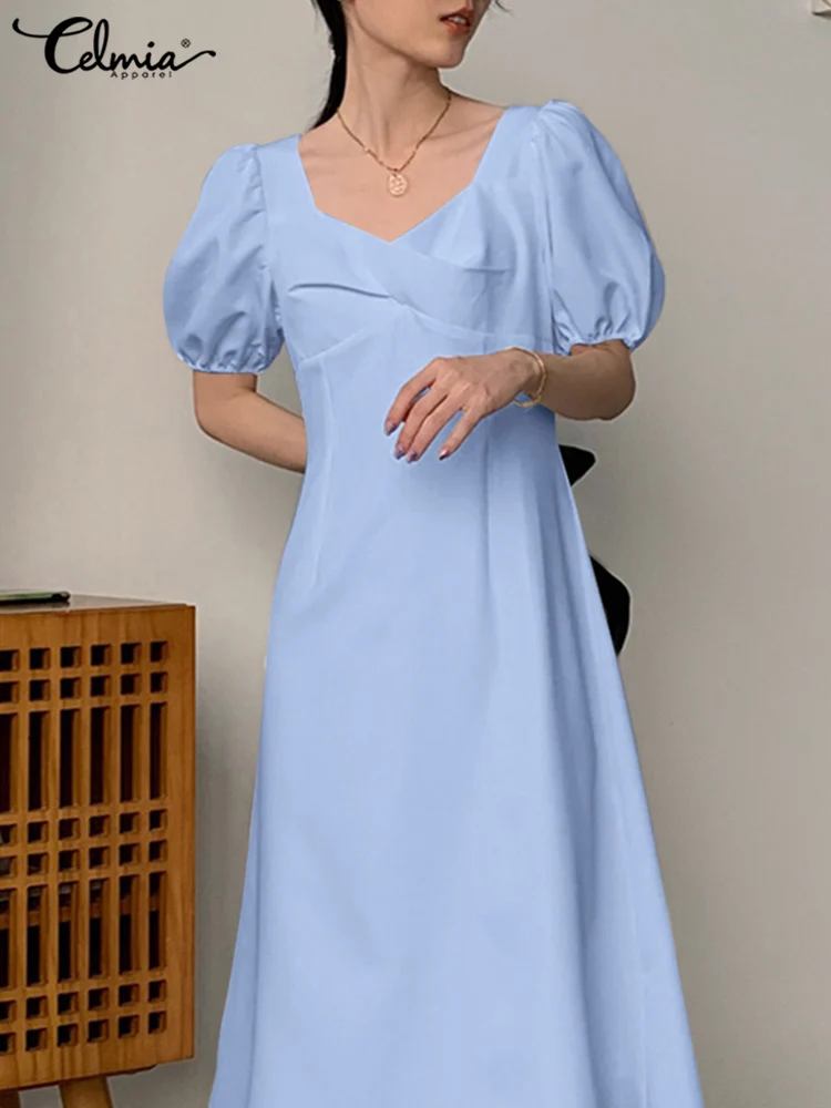 

Celmia Elegant Square Neck Vestidos Summer 2023 A-line Women Casual Long Dresses Puff Sleeve Gentle Korean Fashion Midi Dress
