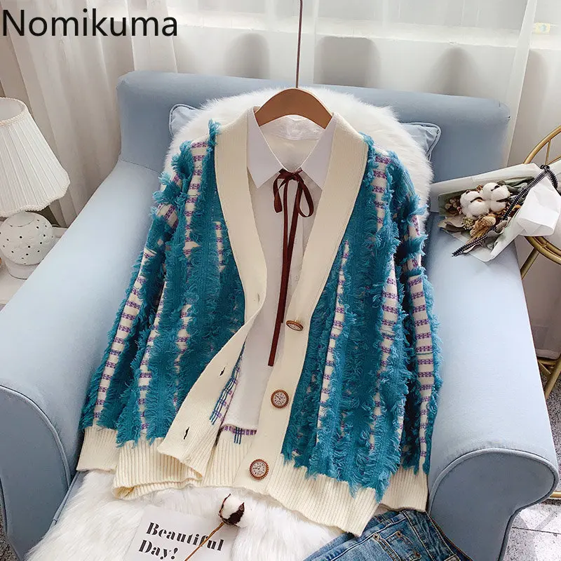 

Nomikuma Cardigan Women Autumn Winter Tassel Patchwork Loose Knitted Sweater Women Vintage Elegant Casual Sueters De Mujer